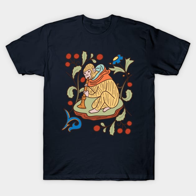 Cute Medieval Monkey Playing the Trumpet Colorful Drawing T-Shirt by MariOyama